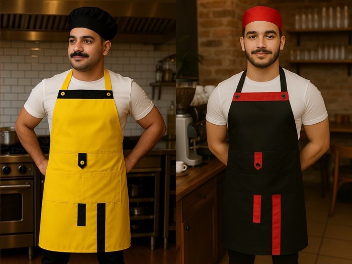 Sarı ve siyah-kırmızı bahçıvan önlük
