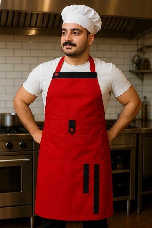 Kırmızı bahçıvan önlük, cepli